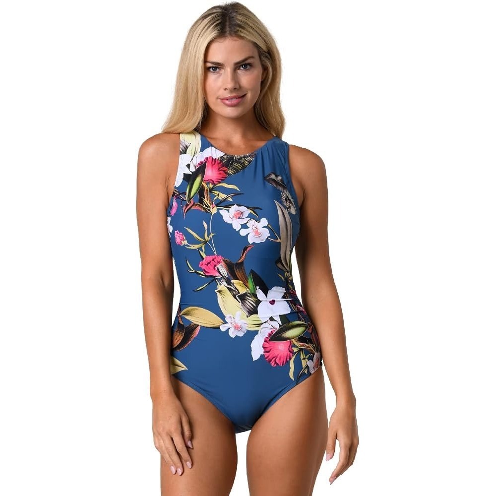 Jantzen Botanical Beauty High Neck One Piece Swim Women 10 Tummy Control UPF 50